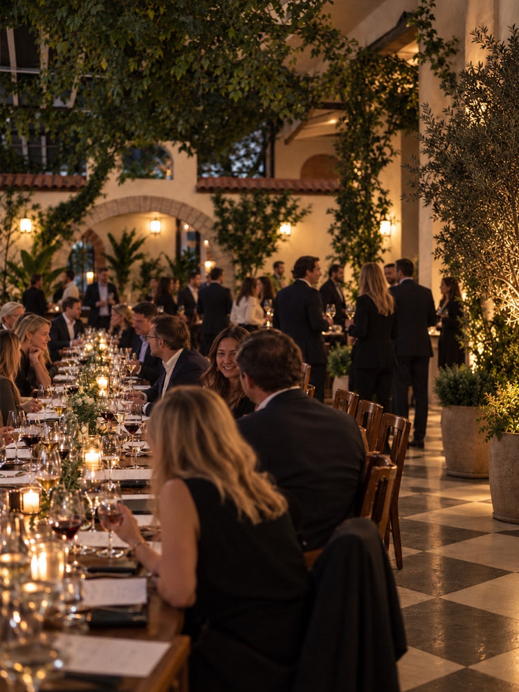 Guests at a candlelit long table in a courtyard at dusk