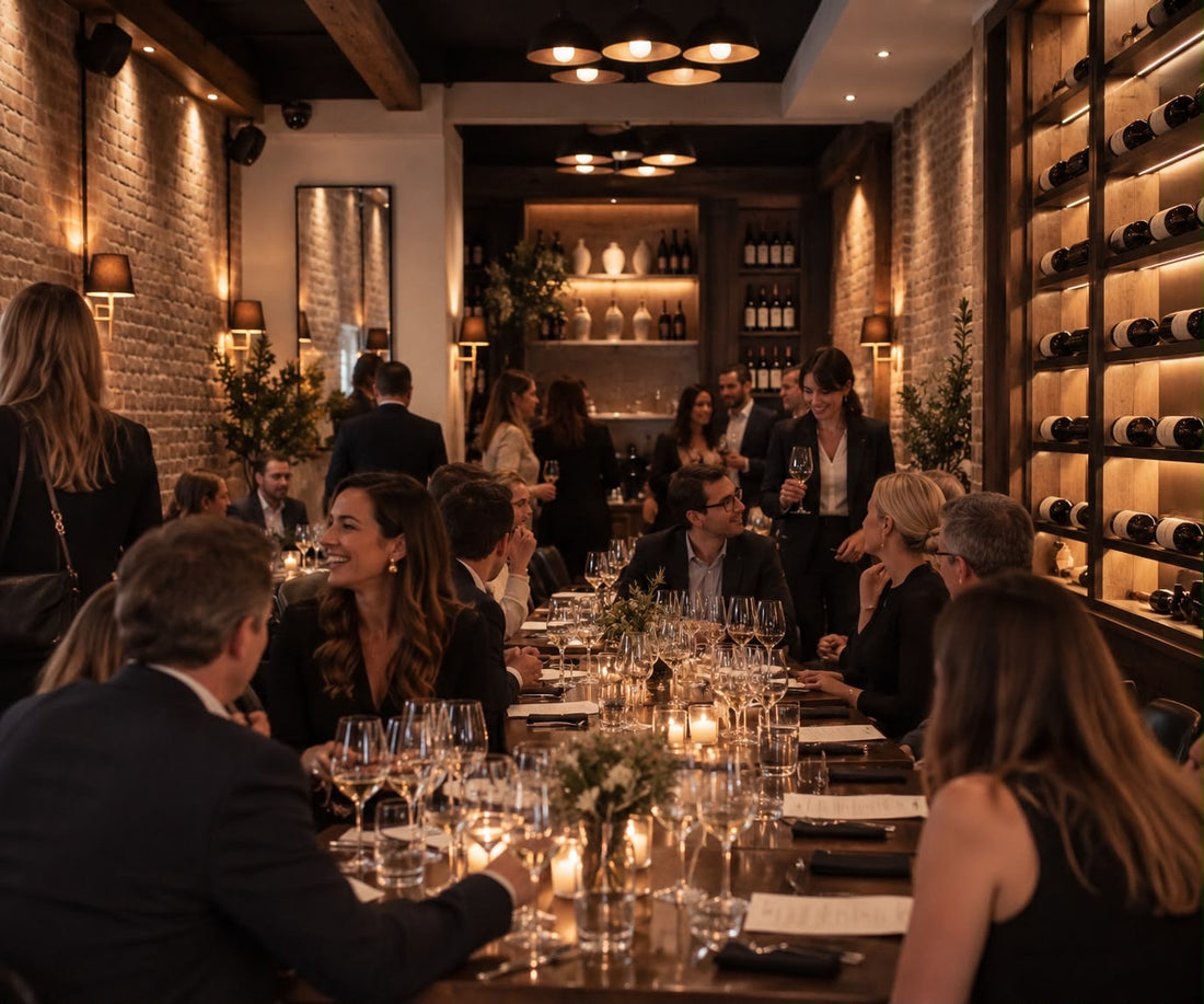 Guests talking and laughing at a candlelit long table in a brick-walled wine room lined with bottles