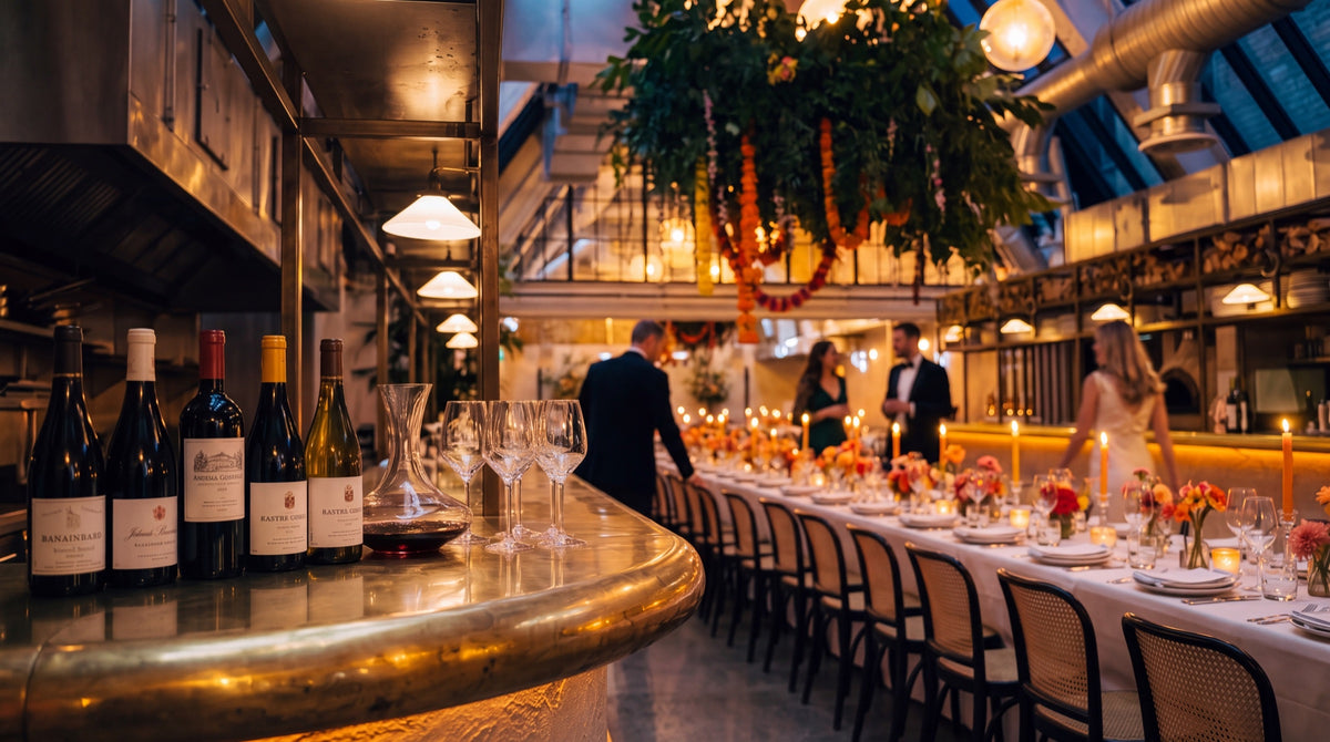 Guests in evening dress beside a long candlelit banquet table, with wines and a decanter on the bar