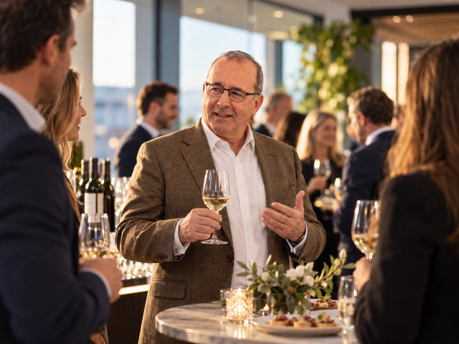 Peter Lunzer talking with guests at a rooftop wine reception